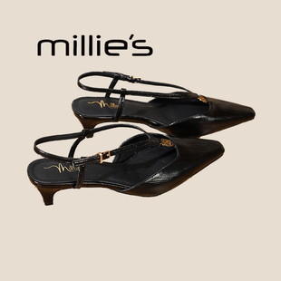 MILLIE'S/妙丽凉鞋女夏季新款中跟包头细跟后空高跟气质尖头单鞋