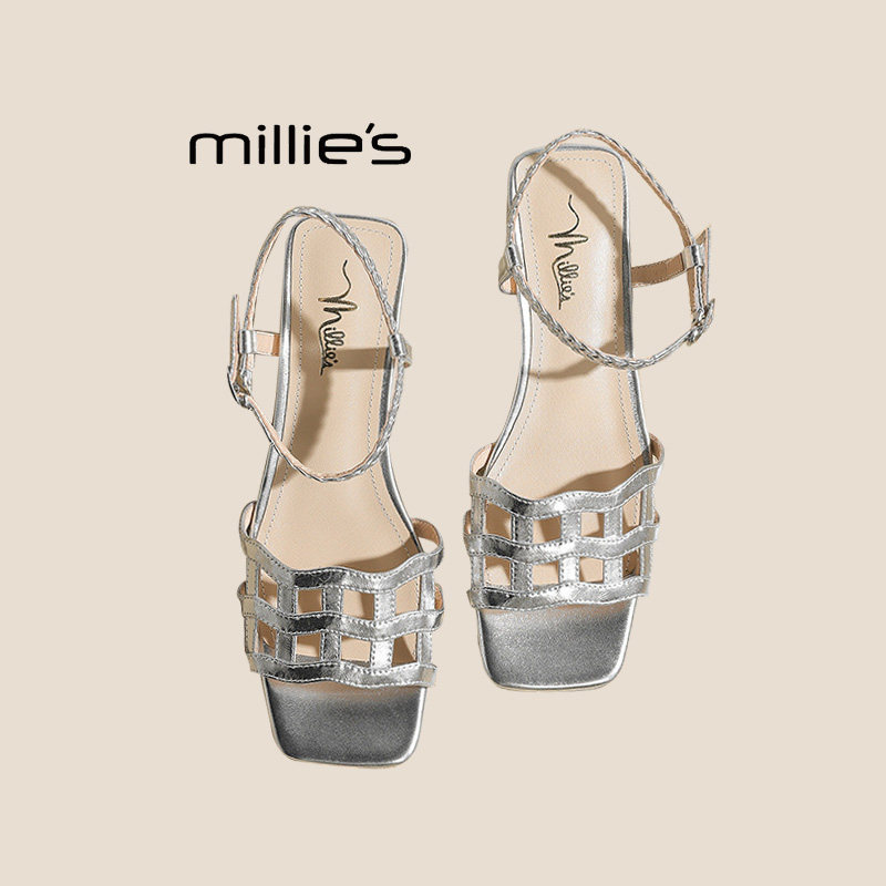 MILLIE'S/妙丽2026新款银色低跟凉鞋女高跟鞋时尚外穿小跟鞋洋气