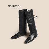 妙丽长筒靴女新款 MILLIE 冬不过膝显瘦两穿皮靴英伦风真皮长靴Z