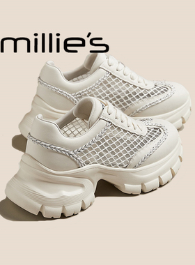 MILLIE'S/妙丽真皮厚底白色镂空凉鞋女款牛皮透气休闲运动老爹鞋