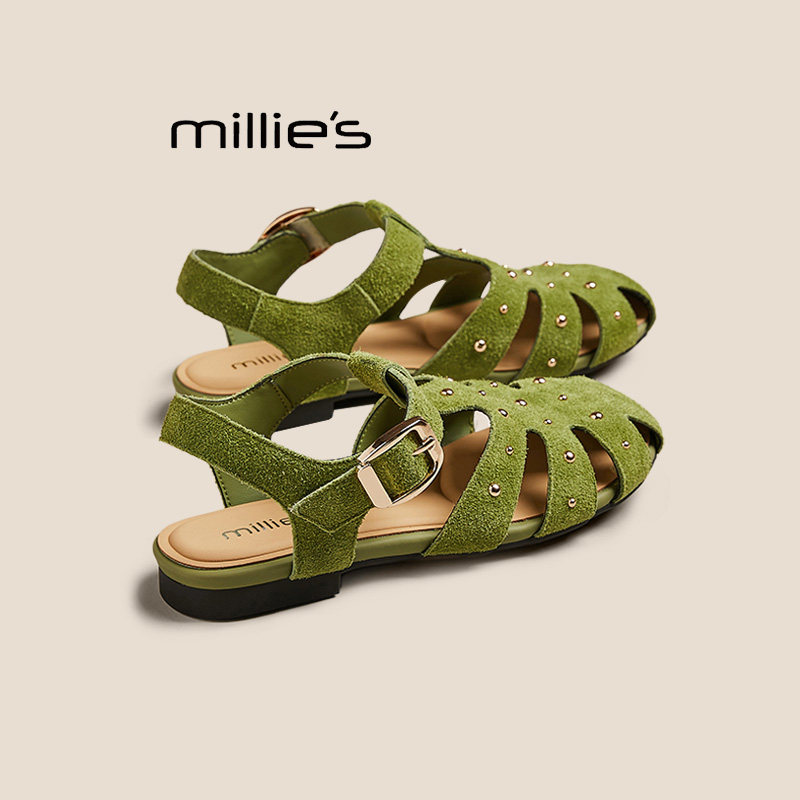 MILLIE'S/妙丽包头罗马凉鞋女夏季新款平底镂空柳钉一字带猪笼鞋P