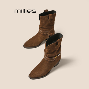 MILLIE'S/妙丽女新款尖头褶皱西部牛仔靴美拉德推推靴套筒中筒靴Z