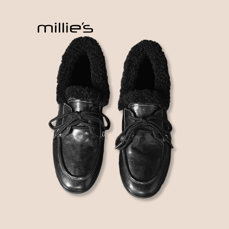 MILLIE'S/妙丽冬季加绒新款保暖棉鞋女款真皮复古系带平底单鞋Q