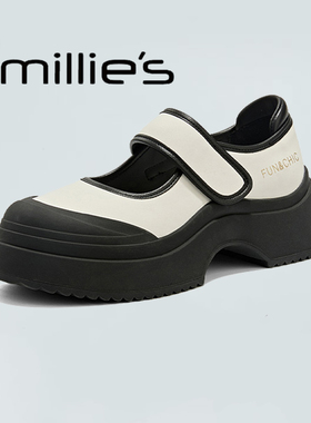 MILLIE'S/妙丽春季圆头厚底魔术贴白色编织设计独特气质浅口单鞋