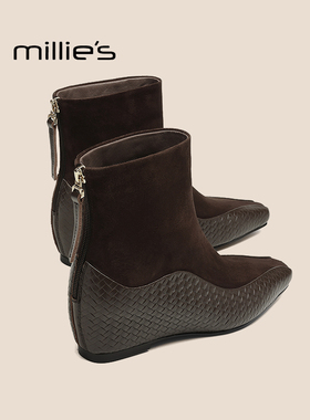 MILLIE'S/妙丽黑色绒面切尔西靴女厚底坡跟短靴百搭欧美瘦瘦靴Q