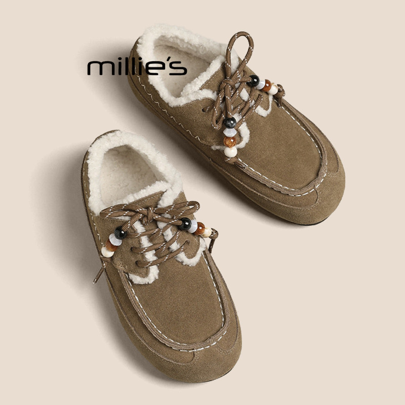 MILLIE'S/妙丽加绒保暖系带德训鞋反绒皮休闲鞋舒适百搭厚底棉鞋Z