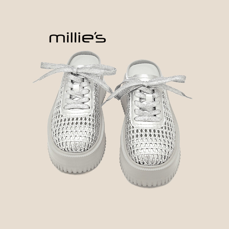 MILLIE'S/妙丽厚底女鞋镂空网面编织半拖鞋2025夏季新款增高板鞋