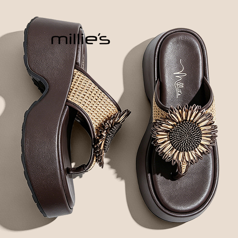 MILLIE'S/妙丽绝美厚底拖鞋女外穿2026夏季款坡跟夹趾人字凉拖鞋P