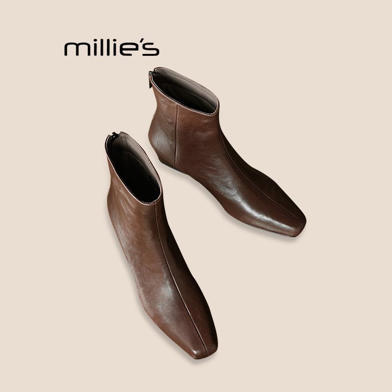 MILLIE'S/妙丽短靴女秋冬法式气质方头时装靴复古粗跟短筒马丁靴Z,女鞋,时装靴,淘宝优惠券,粉丝福利购,淘宝优惠卷