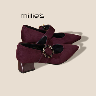 女酒红色绒面粗跟复古百搭高跟鞋 妙丽一字扣玛丽珍鞋 MILLIE