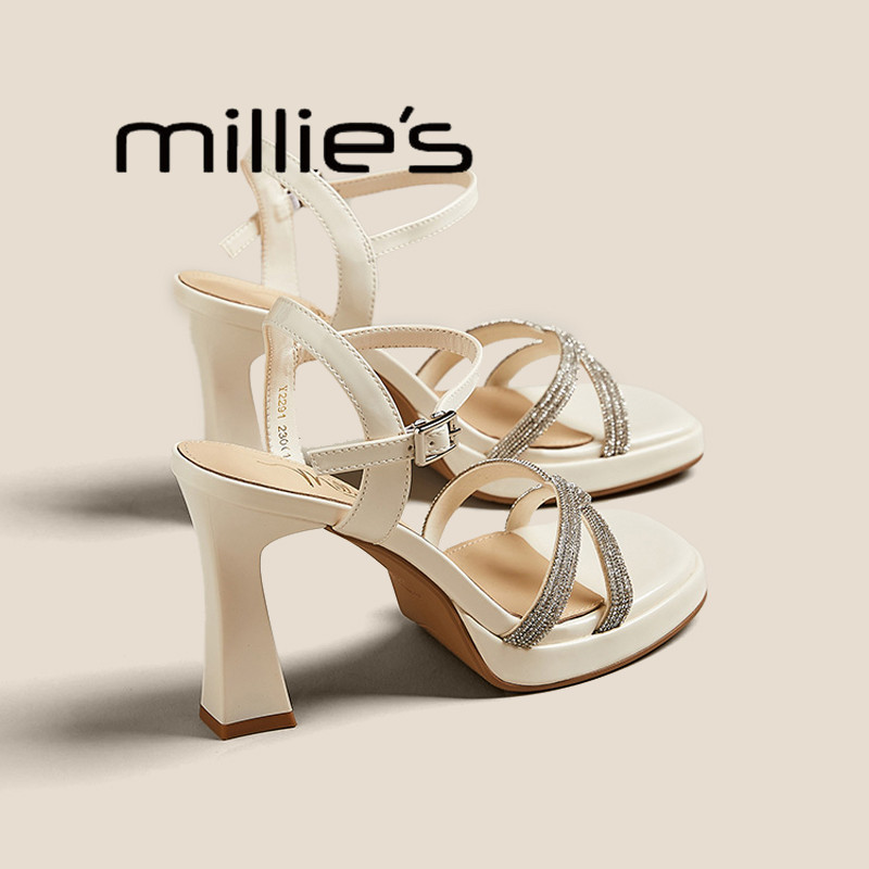MILLIE'S/妙丽凉鞋女外穿新款水钻一字带高跟鞋女粗跟防水台女鞋
