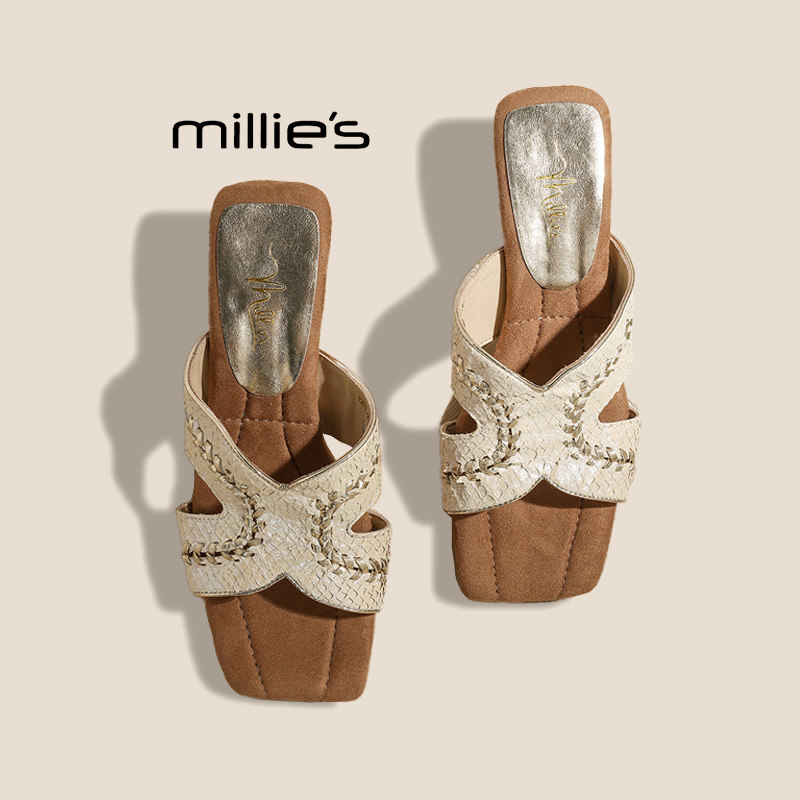 MILLIE'S/妙丽2025新款女鞋坡跟编织方头凉拖鞋女外穿一字拖露趾,女鞋,一字拖,淘宝优惠券,粉丝福利购,淘宝优惠卷