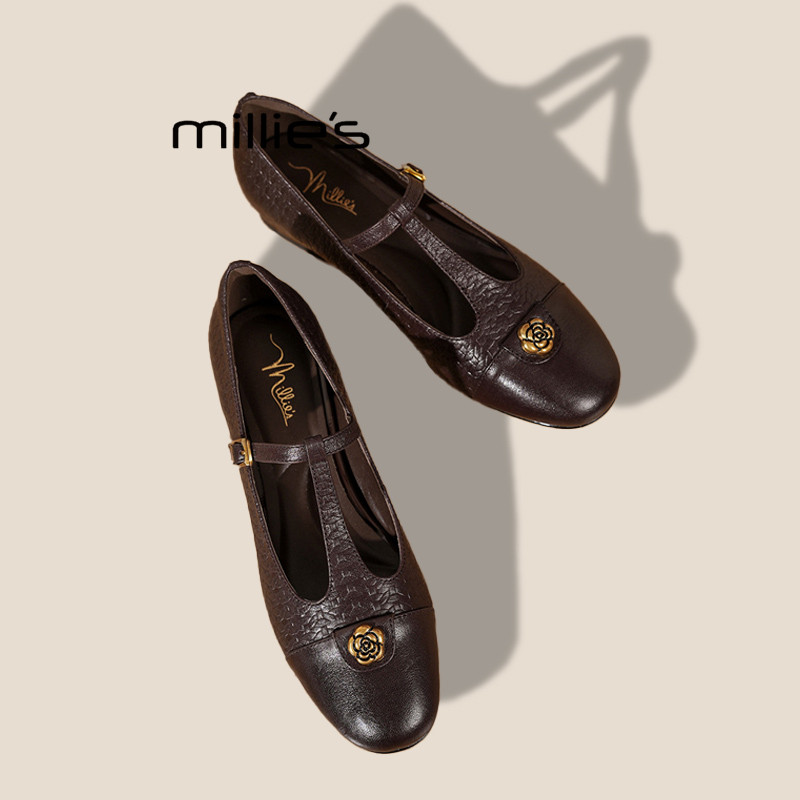 MILLIE'S/妙丽山茶花玛丽珍鞋女小香风T字扣带平底鞋小众浅口单鞋,女鞋,婚鞋,淘宝优惠券,粉丝福利购,淘宝优惠卷