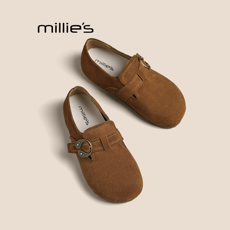 MILLIE'S/妙丽真皮全包勃肯鞋女2026新款秋季一脚蹬乐福单鞋,女鞋,乐福鞋（豆豆鞋）,淘宝优惠券,粉丝福利购,淘宝优惠卷