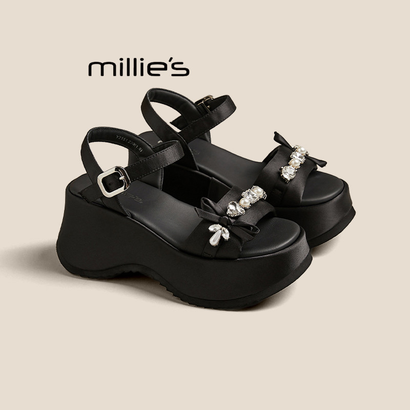 MILLIE'S/妙丽厚底凉鞋女夏外穿2026新款水钻小个子显高镂空凉鞋