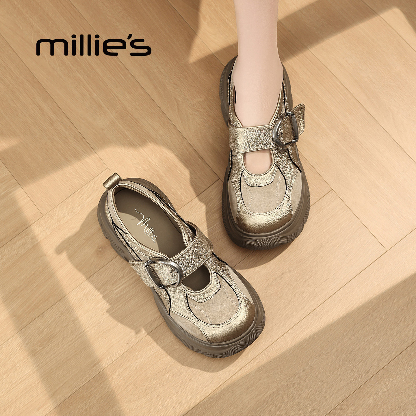 MILLIE'S/妙丽厚底乐福鞋女真皮金属扣一脚蹬休闲单鞋百搭增高Q,女鞋,浅口单鞋,淘宝优惠券,粉丝福利购,淘宝优惠卷