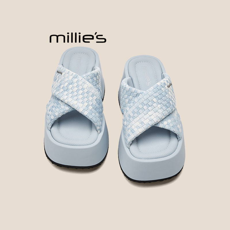 MILLIE'S/妙丽厚底编织外穿凉拖鞋女2026夏新款松糕坡跟真皮拖鞋