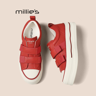 MILLIE'S/妙丽红色魔术贴厚底板鞋女真皮百搭休闲鞋春季新款单鞋P