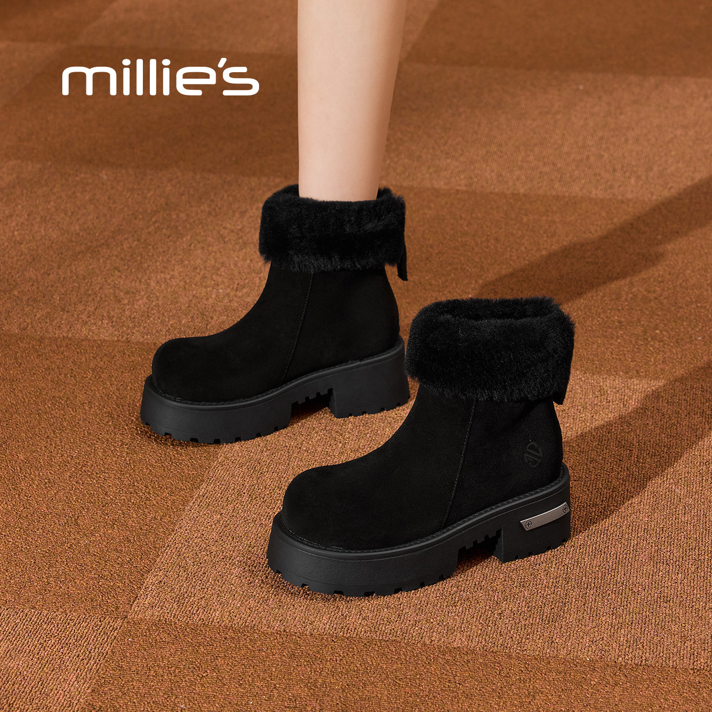 MILLIE'S/妙丽冬季新款女士时尚休闲靴厚底增高短靴百搭马丁靴