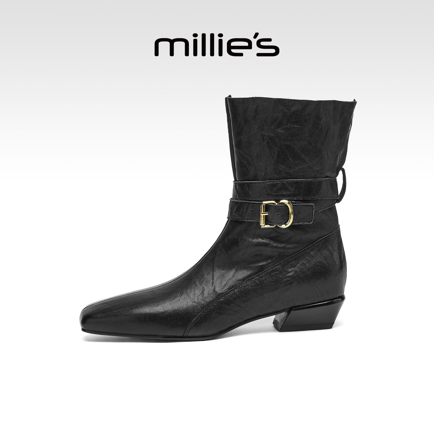 MILLIE'S/妙丽中筒方头翻领短靴女秋冬季新款显瘦马丁靴西部靴子P