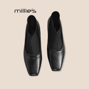 MILLIE'S/妙丽新款短筒单靴子尖头真皮粗跟压纹牛皮松紧带高跟鞋