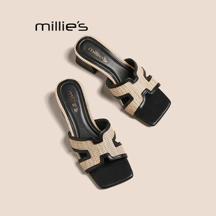 MILLIE'S/妙丽拖鞋女外穿春夏新款粗跟法式高跟小香风一字拖鞋P