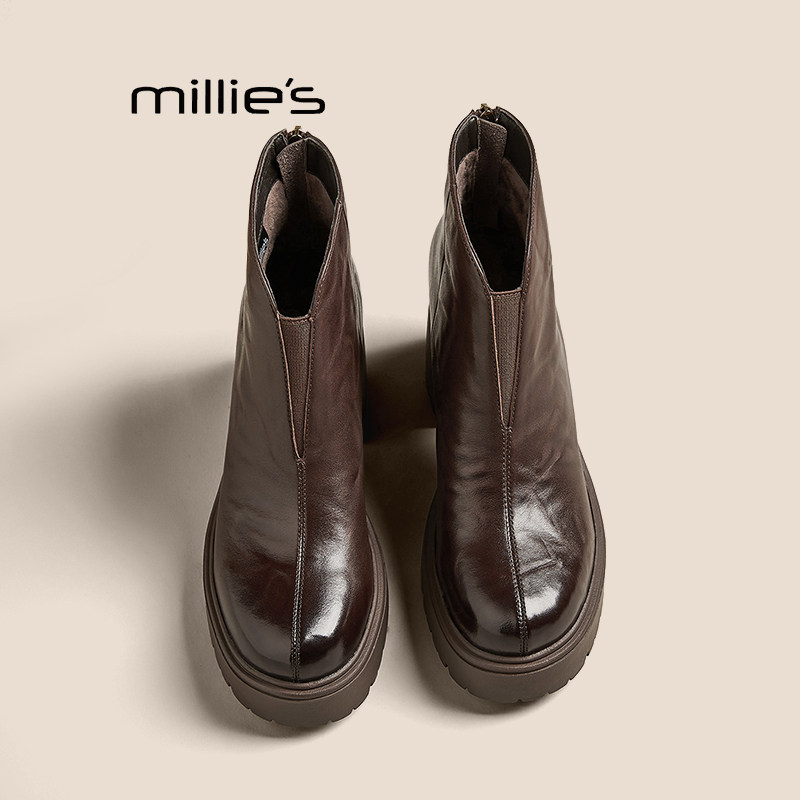 MILLIE'S/妙丽时装靴女鞋2026冬季新款休闲粗跟后拉链高跟圆头P