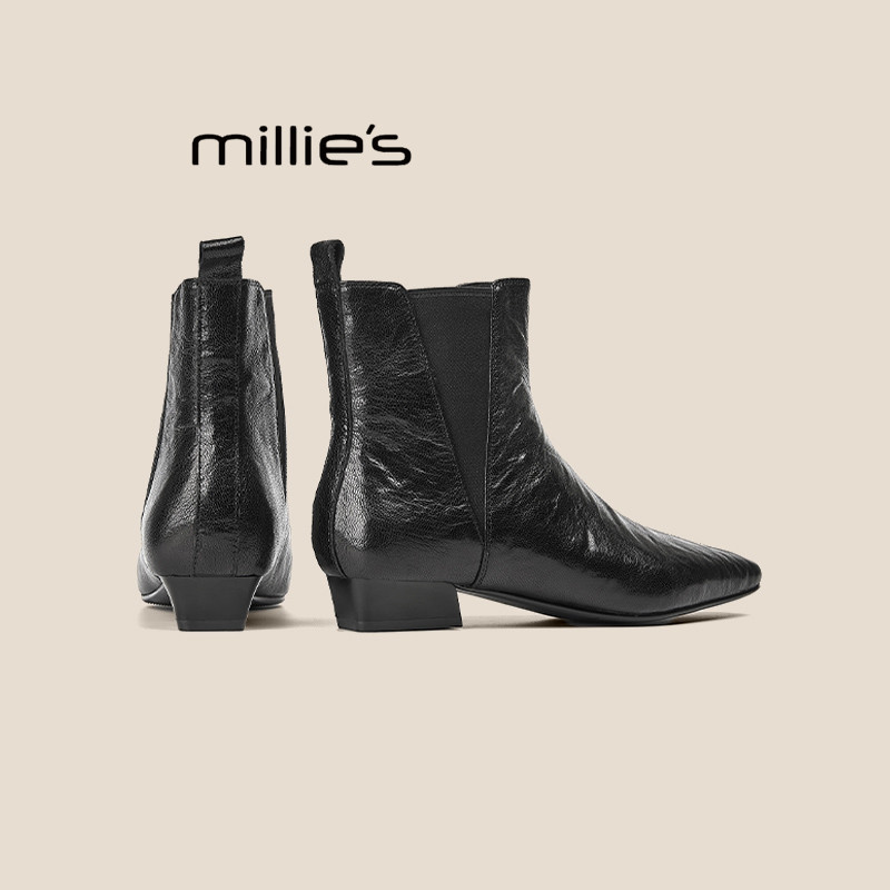 MILLIE'S/妙丽真皮粗跟短靴女