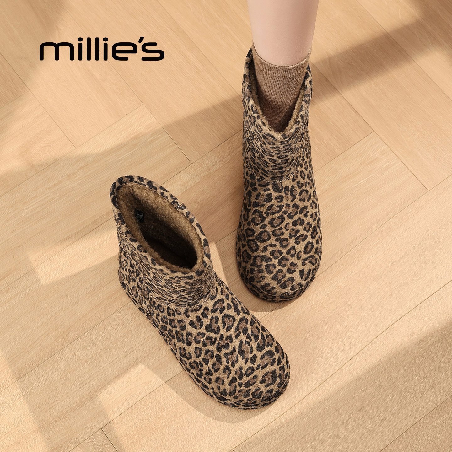 MILLIE'S/妙丽豹纹绒面短靴女冬季加绒保暖雪地靴毛毛靴子Q