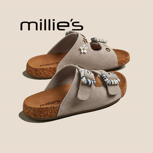 MILLIE'S/妙丽勃肯鞋女款半拖新款夏季软底真皮厚底拖鞋女夏外穿