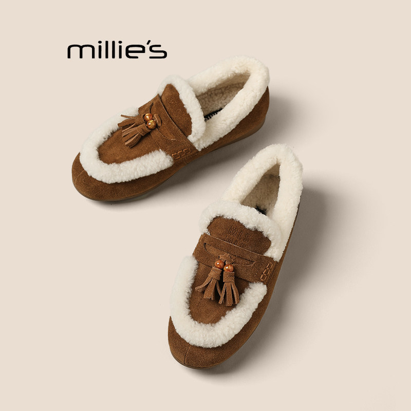 MILLIE'S/妙丽豆豆鞋女冬加绒新款真皮一脚蹬流苏平底棉鞋毛毛鞋Z,女鞋,乐福鞋（豆豆鞋）,淘宝优惠券,粉丝福利购,淘宝优惠卷