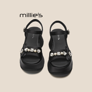 休闲气质高跟鞋 MILLIE 女2025夏新款 妙丽圆头粗跟一字扣带凉鞋