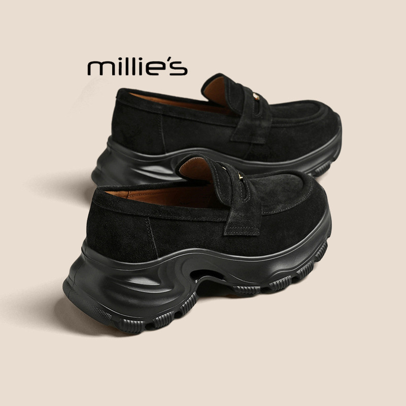 MILLIE'S/妙丽厚底松糕底乐福鞋黑色一脚蹬增高单鞋不累脚女鞋Z