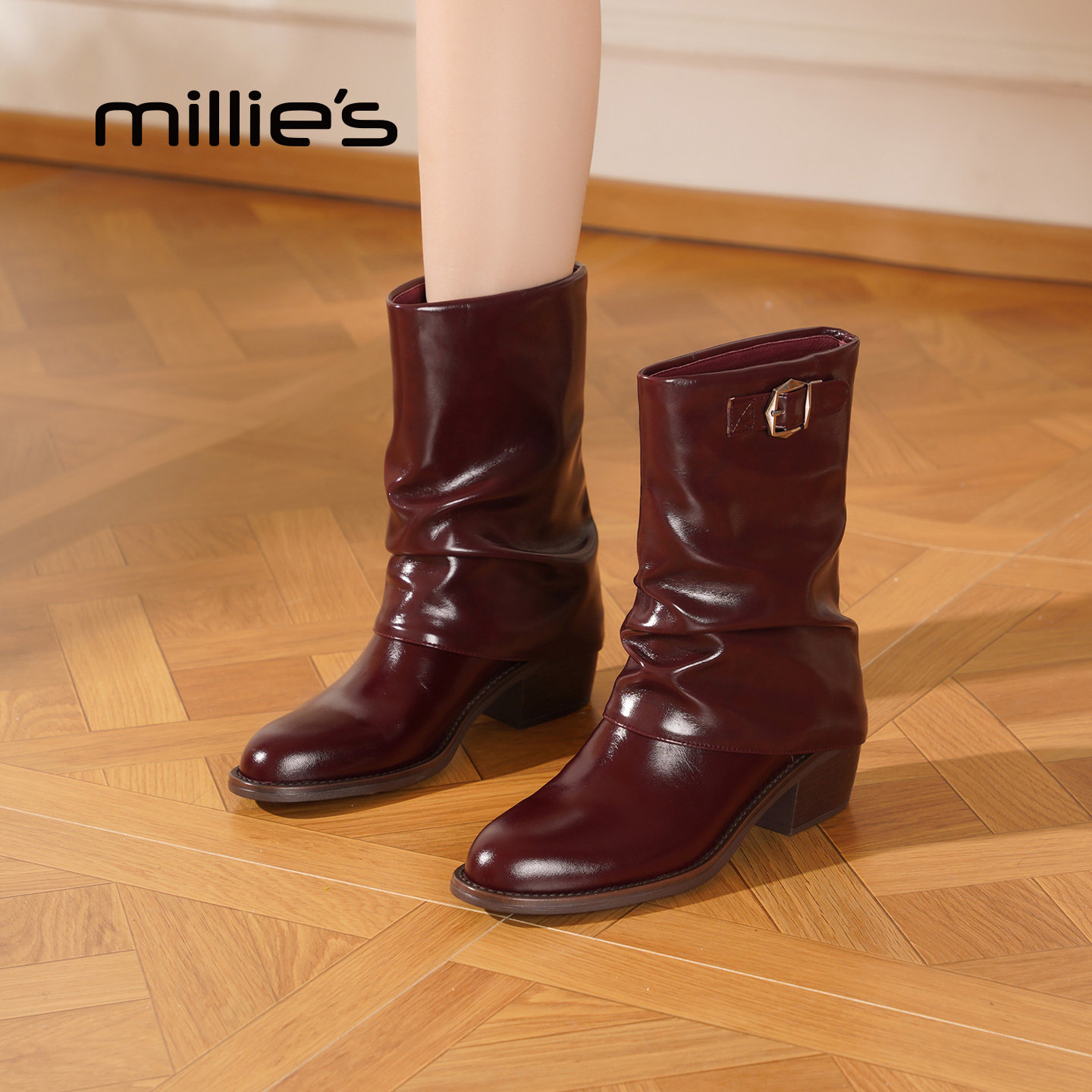 MILLIE'S/妙丽2026新款秋冬褶皱带扣中长筒靴踝靴时尚百搭女靴P