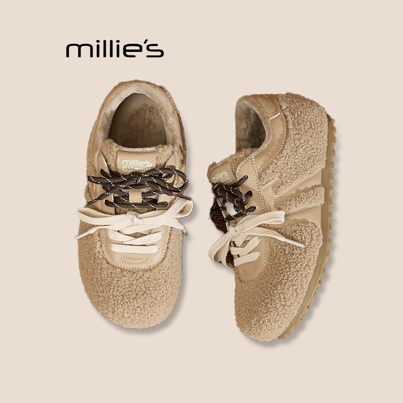 MILLIE'S/妙丽秋冬季新款复古毛毛鞋德训鞋保暖平底鞋棕色女鞋子Z,女鞋,德训鞋,淘宝优惠券,粉丝福利购,淘宝优惠卷