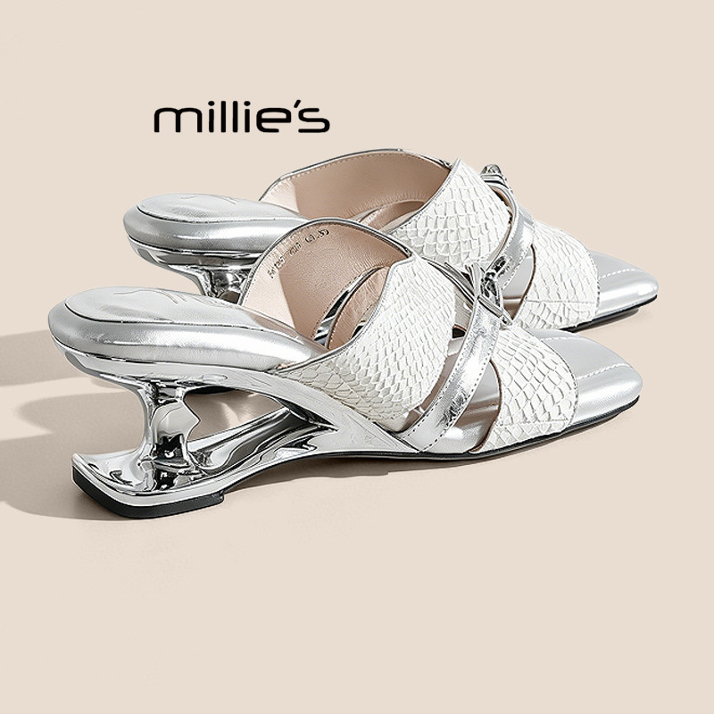 MILLIE'S/妙丽银色鱼纹坡跟一字带凉鞋女夏季方头露趾百搭穆勒鞋P
