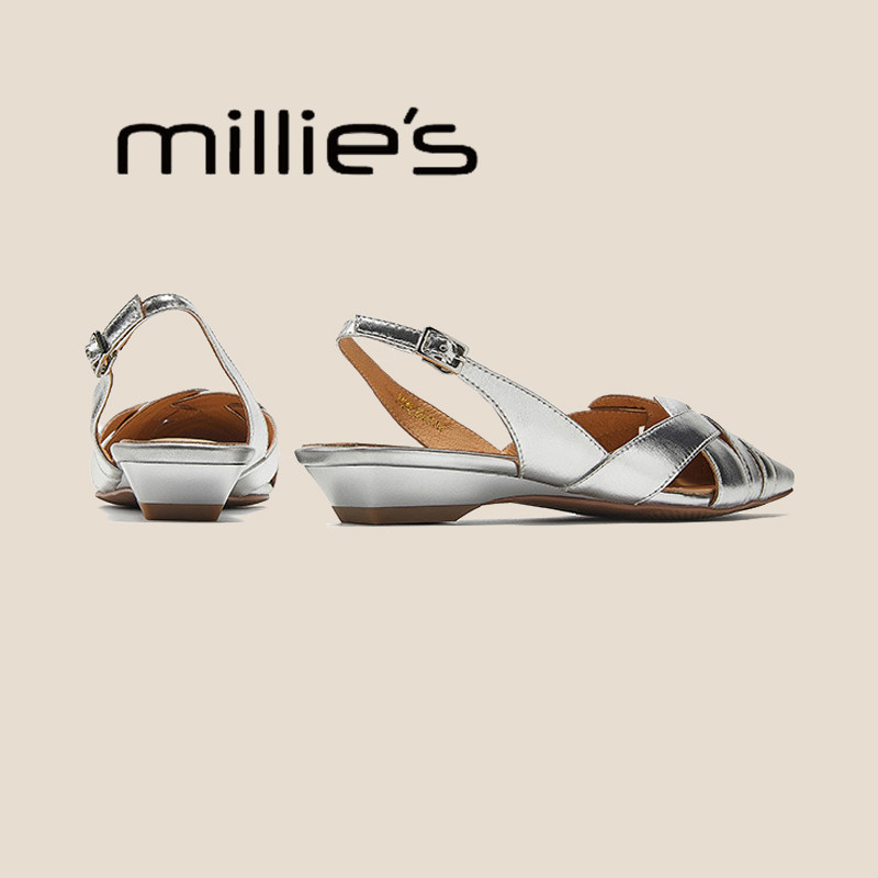 MILLIE'S/妙丽羊皮软底包头凉鞋新款夏季不累脚女鞋舒适平底鞋