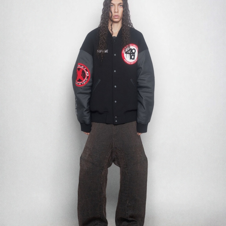 HA7MS 40Acres联名WEEK9圆形毛绒徽标夹克棒球服美式短宽情侣拼接