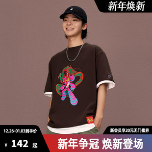 休闲纯棉上衣女 胶印卡通短袖 Champion冠军T恤男边刺绣小c logo