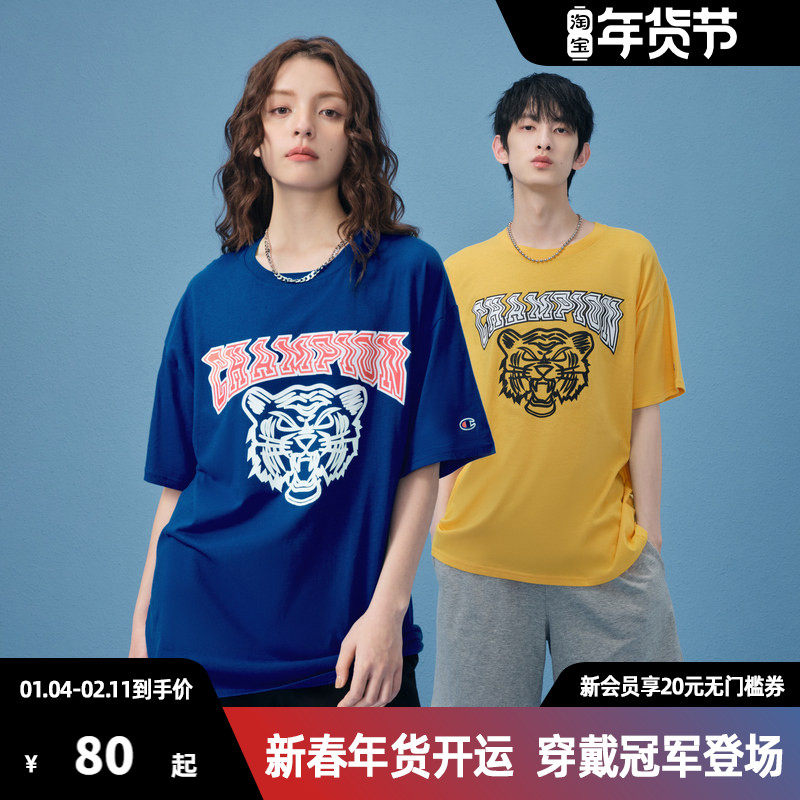 Champion冠军胶印个性logo动物短袖T恤女夏季宽松舒适纯棉上衣