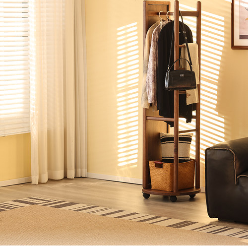 AB/北美黑胡桃木全身镜实木可移动穿衣镜挂衣架一体落地镜子