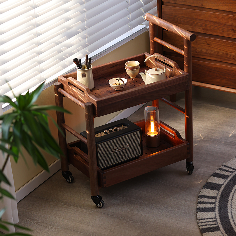 AB/北美全黑胡桃木推车小户型茶几角几实木可移动沙发边几