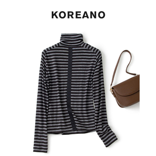 【KOREANO】春秋花灰黑色间条修身高领套头T恤 【H】TT6517(EUN)B