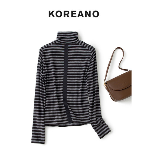 【KOREANO】春秋花灰黑色间条修身高领套头T恤 【H】TT6517(EUN)B
