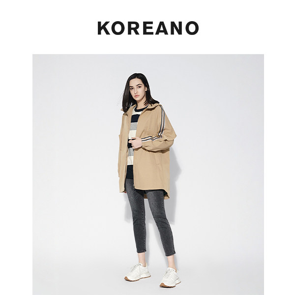 【KOREANO】春秋黄色连帽连袖宽松中长款风衣  FW5768(JUN)