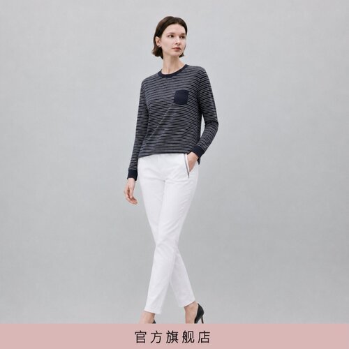 毛织领藏蓝白条袖针织T恤