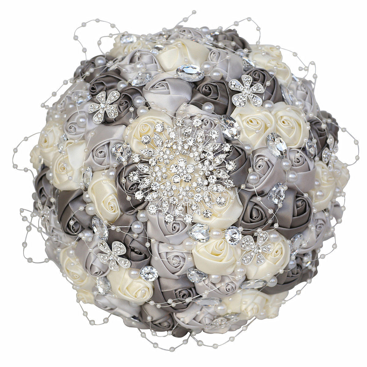 现货新娘手捧花缎带珍珠银水钻手捧花欧式婚礼用品厂家直销 224E