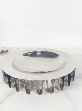 北欧现代简约欧式银色金属圆形裙边果盘摆件样板房售楼处软装饰品