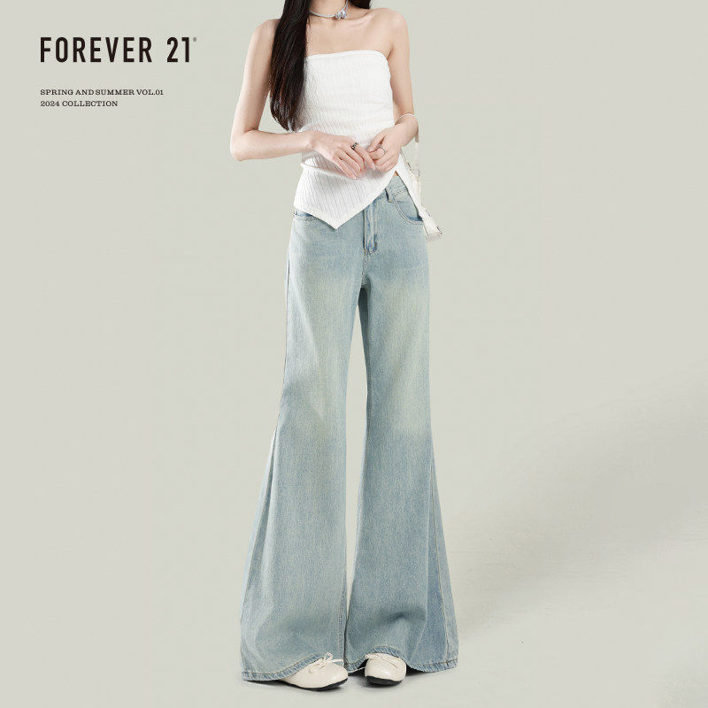 Forever 21设计感不贴腿高腰微喇叭牛仔裤女浅蓝色宽松垂感马蹄裤
