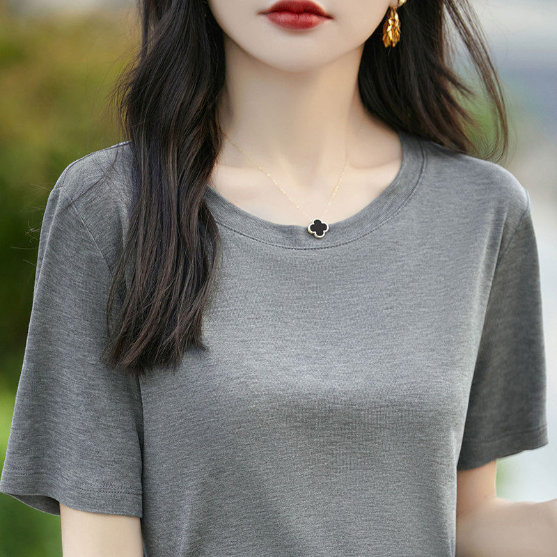 真丝莱赛尔短袖t恤女薄款上衣2024夏季新款圆领宽松显瘦面膜t半袖